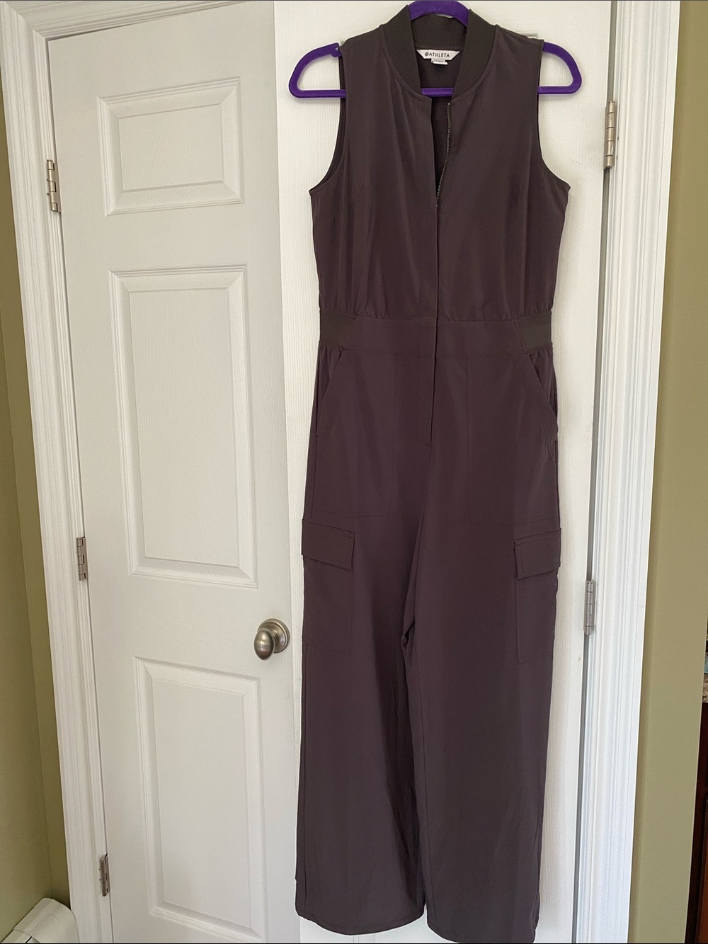 Athleta Sleeveless Cargo Jumpsuit in Deep Brown Plum